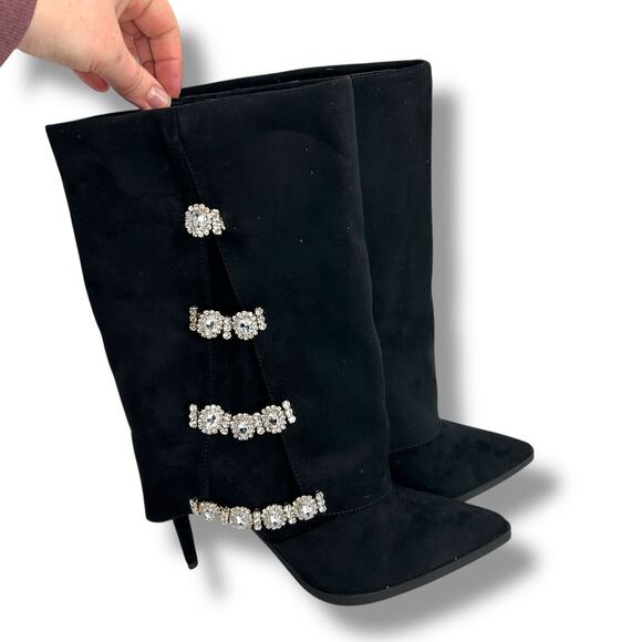 NEW Thalia Sodi Name Black Fold Over Embellished Boots SZ 10 High Stiletto Heels - Picture 1 of 13